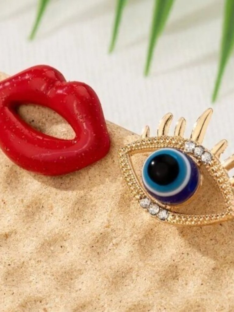 Red Lips And Evil Eye Pendant Stud Earrings